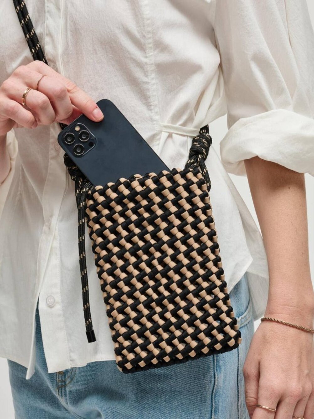 Sol and Selene Eos Woven Cell Phone Crossbody Black Nude NEW